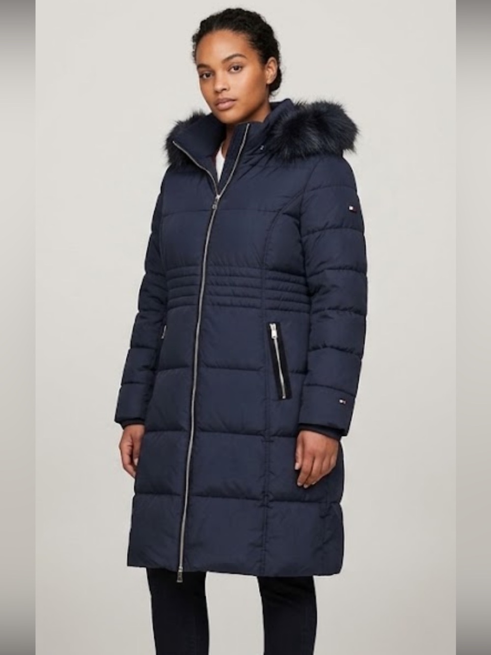 Tommy Hilfiger Dark Navy Quilted Long Puffer Coat with Faux Fur Hood L